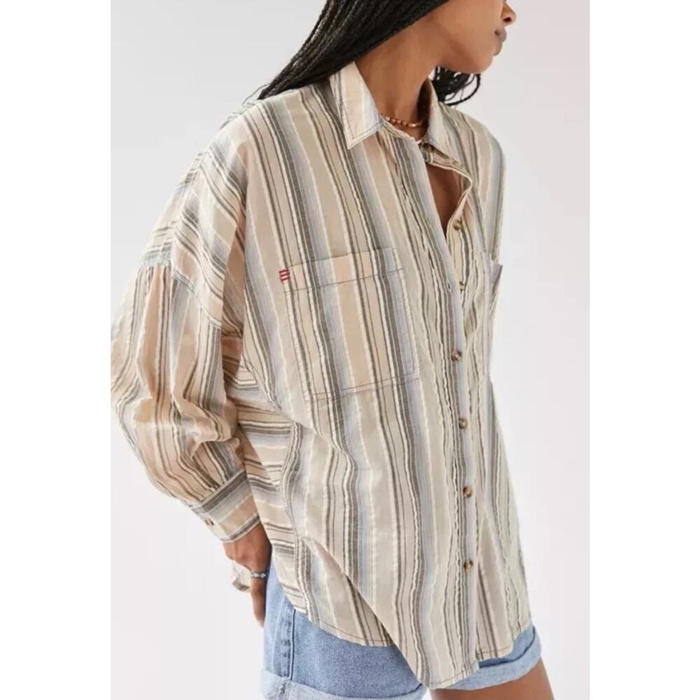 BDG Oversized Striped Crop Button Up Shirt Size XS Women's Tan Bell‎ Batwing